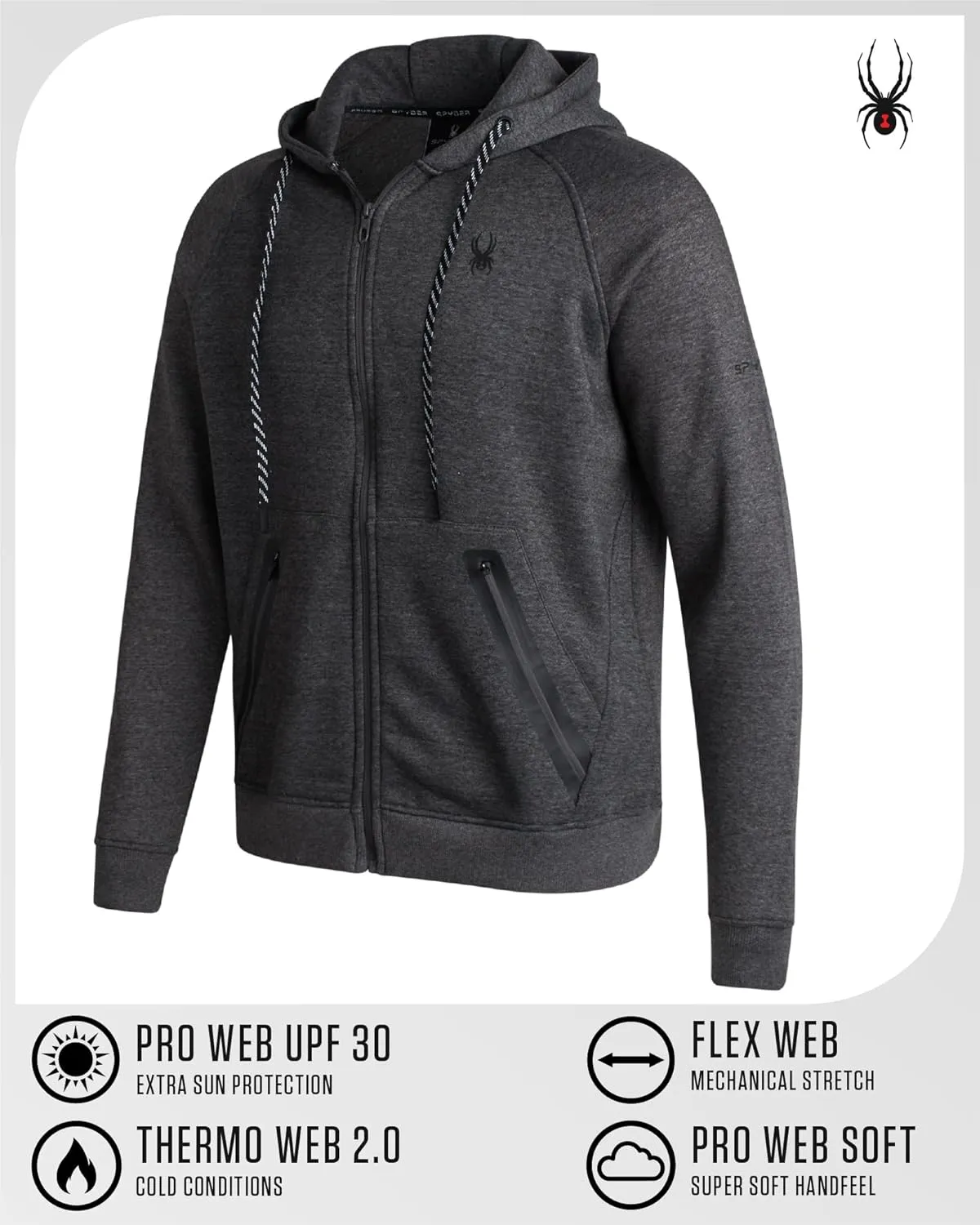 Spyder Mens Zip Up Hoodie - UPF30  Super Soft Fleece Sweatshirt, Warm Athletic Hoodies for Men with Secure Zip Pockets (S-XL)