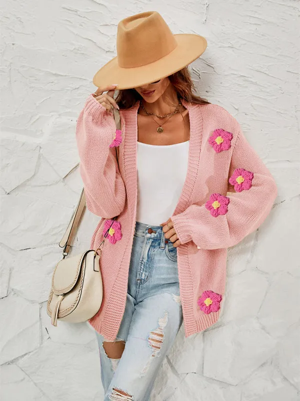 Tiana New Long-Sleeved Floral Cardigan Lantern Sleeves Knitted Sweater Jacket