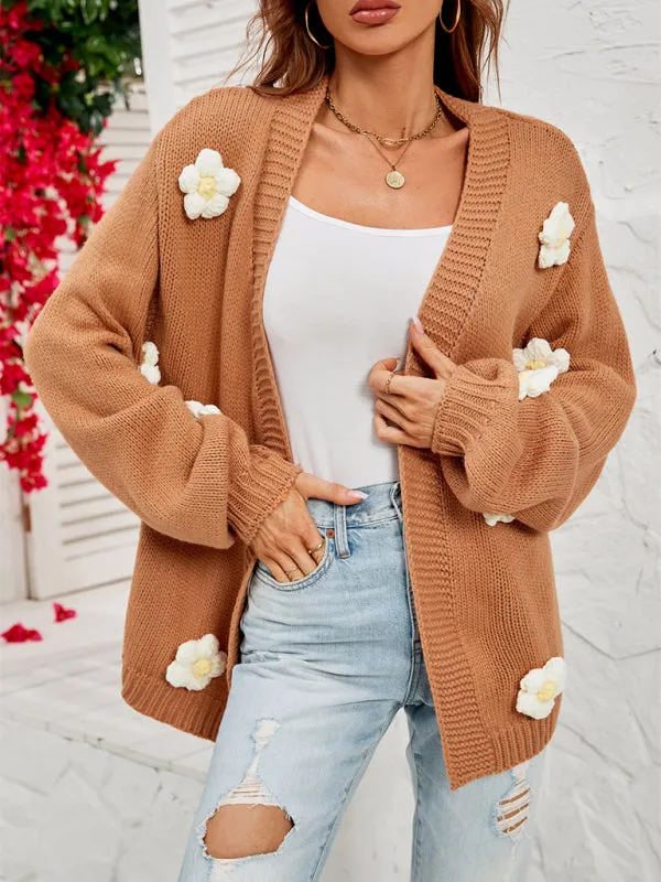 Tiana New Long-Sleeved Floral Cardigan Lantern Sleeves Knitted Sweater Jacket