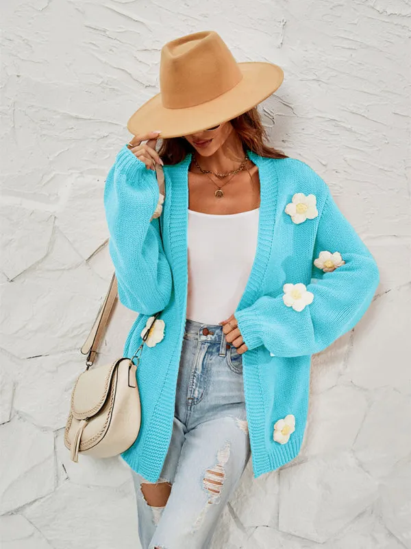 Tiana New Long-Sleeved Floral Cardigan Lantern Sleeves Knitted Sweater Jacket