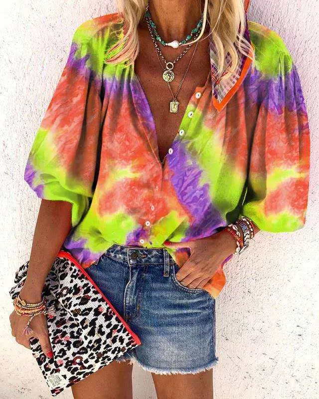Tie-dye V-neck button ladies shirt