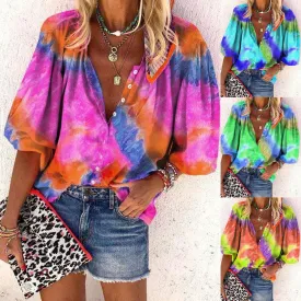 Tie-dye V-neck button ladies shirt