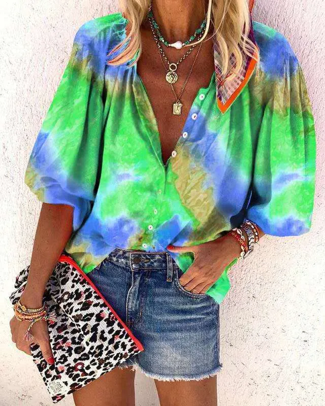 Tie-dye V-neck button ladies shirt