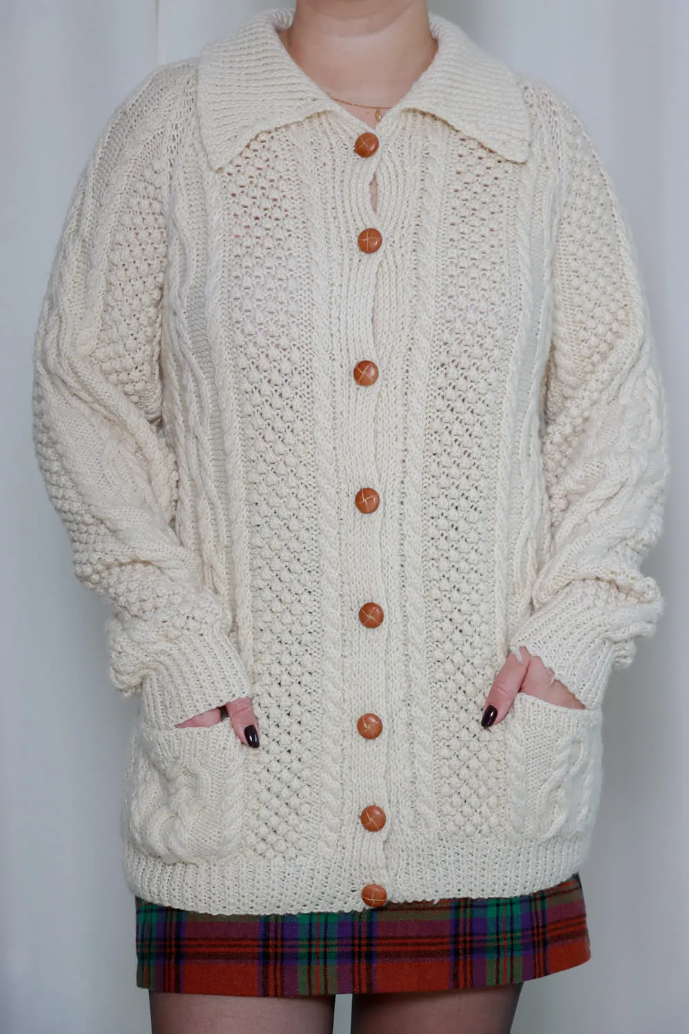 Vintage Beige Knitted Cable Cardigan Size L/XL