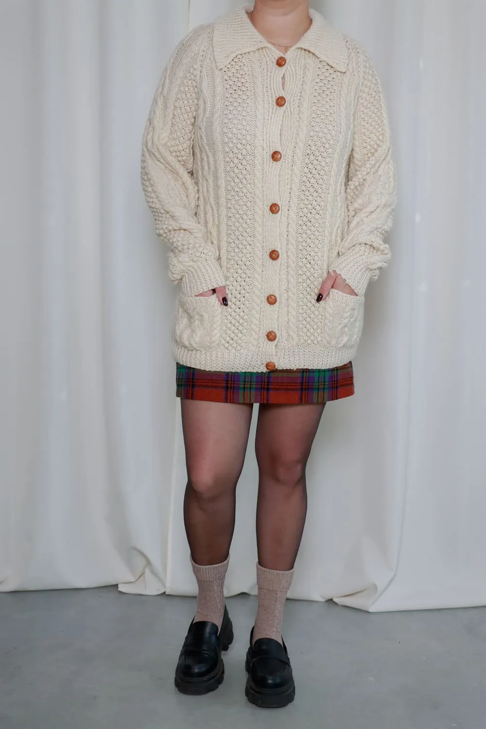 Vintage Beige Knitted Cable Cardigan Size L/XL