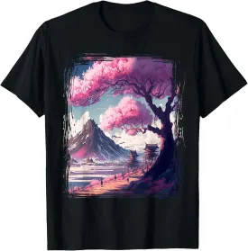 Vintage Japanese Flower Tee Mountain View Landscape Graphic T-Shirt