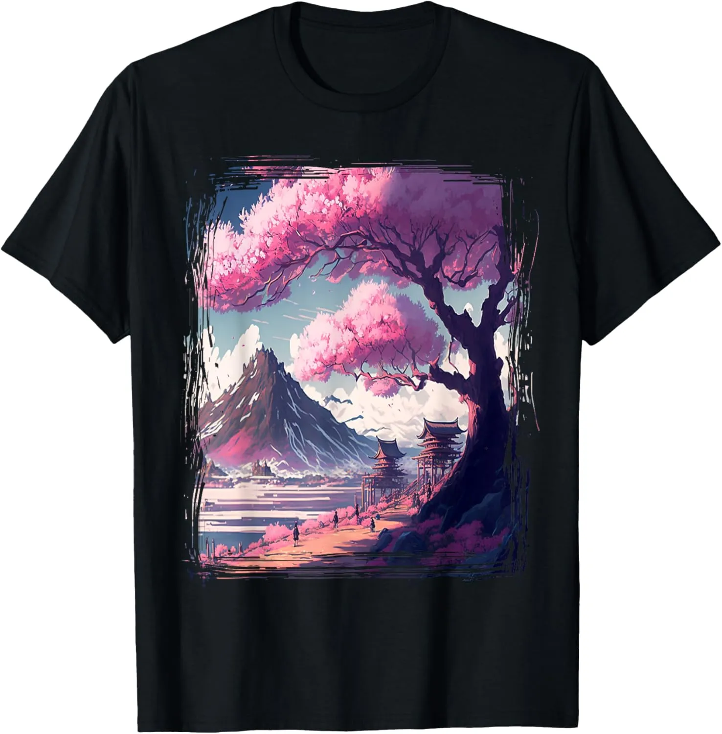 Vintage Japanese Flower Tee Mountain View Landscape Graphic T-Shirt