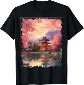 Vintage Japanese Flower Tee Mountain View Landscape Graphic T-Shirt