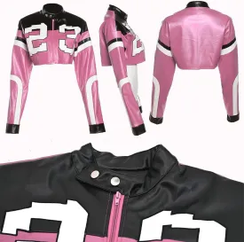 VOIKERDR Leather Jacket Cropped Jacket Motorcycle Jacket Y2K Letter Bomber Jacket Women Faux Leather Jacket Streetwear