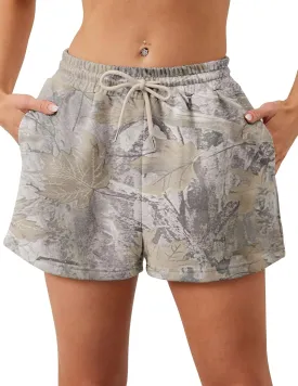 Women Camo Sweat Shorts Casual Elastic Waist Lounge Shorts Drawstring Maple Leaf Print Athletic Shorts with Pockets