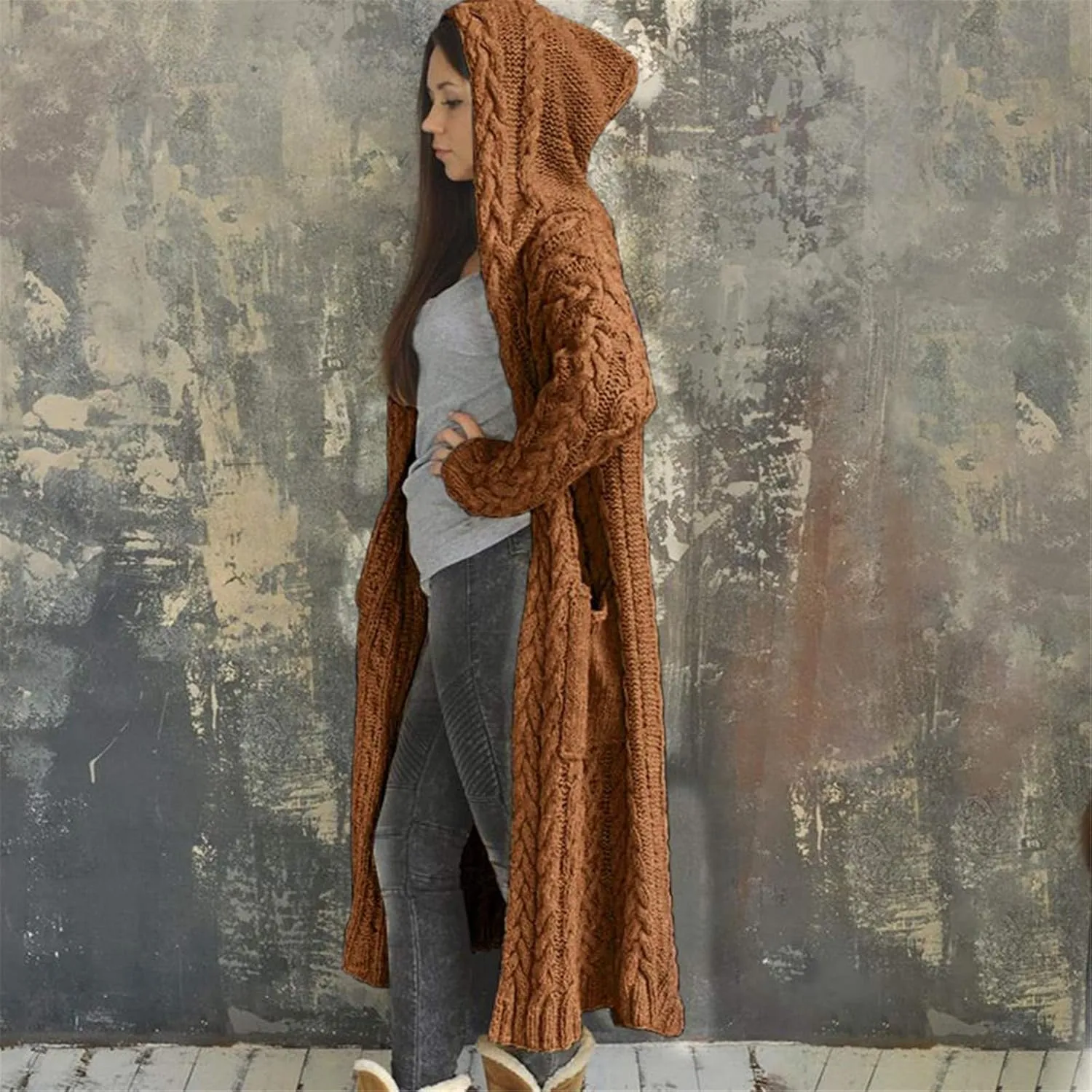 Women Chunky Knit Sweater Coats Solid Hooded Long Cardigan Sweaters Winter Outwear Loose Knitted Jacket with