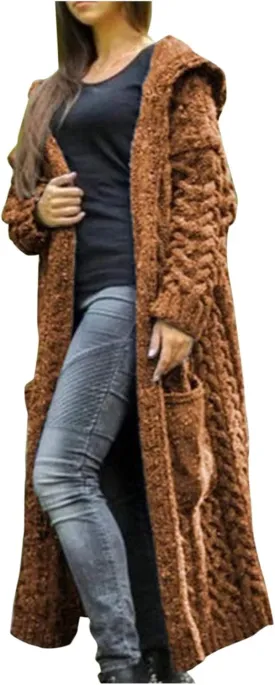 Women Chunky Knit Sweater Coats Solid Hooded Long Cardigan Sweaters Winter Outwear Loose Knitted Jacket with