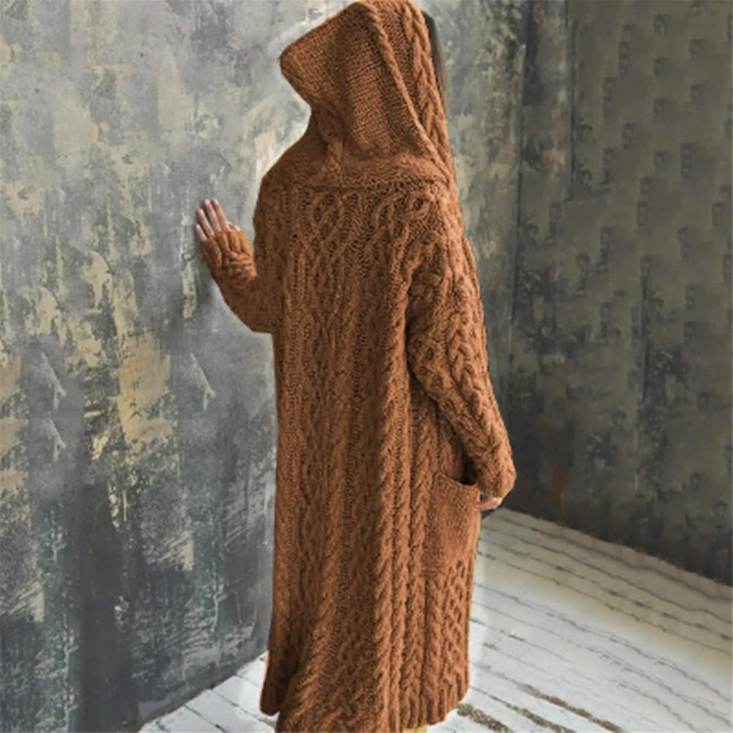 Women Chunky Knit Sweater Coats Solid Hooded Long Cardigan Sweaters Winter Outwear Loose Knitted Jacket with