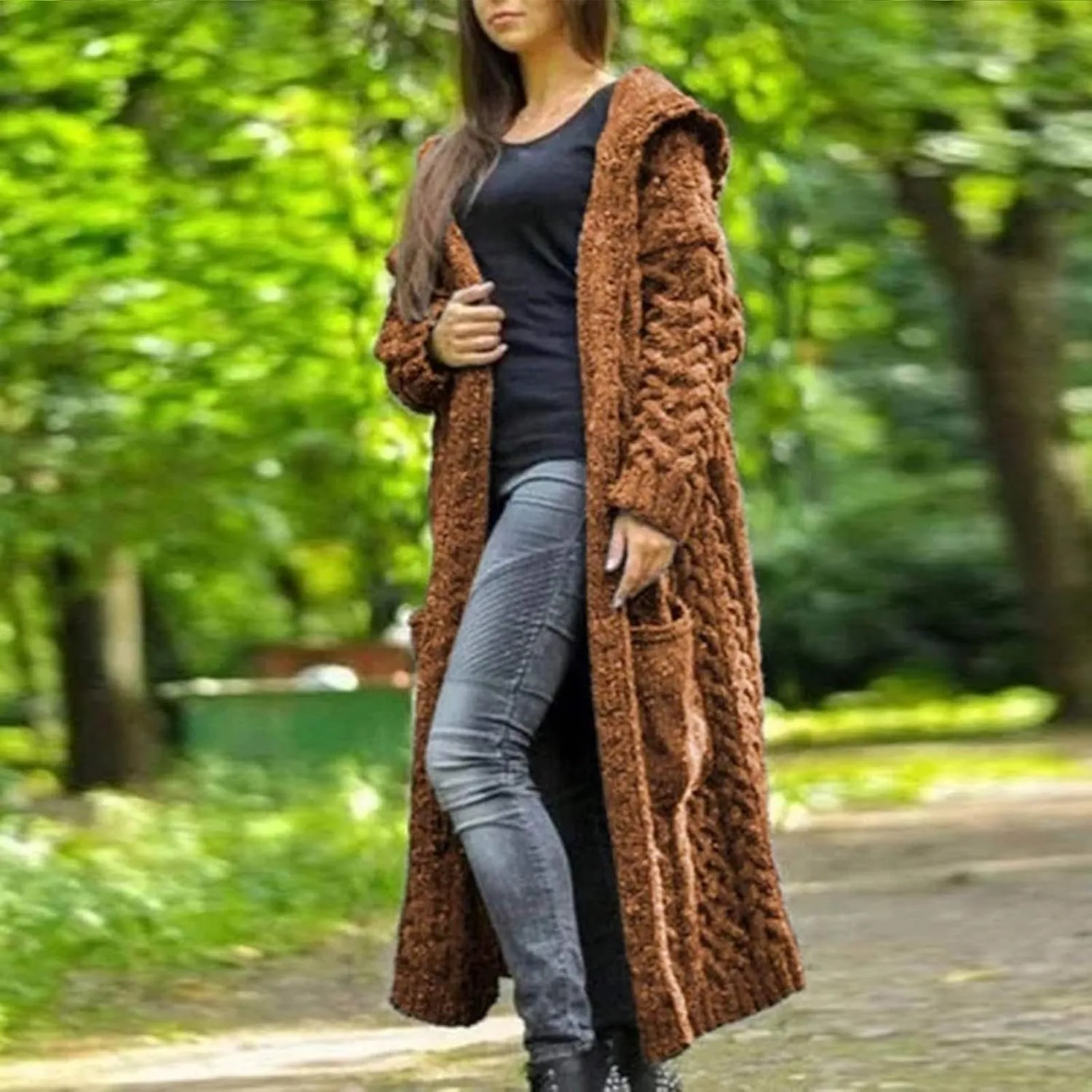 Women Chunky Knit Sweater Coats Solid Hooded Long Cardigan Sweaters Winter Outwear Loose Knitted Jacket with
