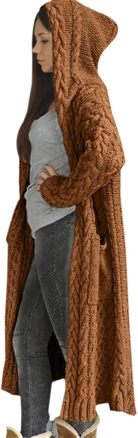 Women Chunky Knit Sweater Coats Solid Hooded Long Cardigan Sweaters Winter Outwear Loose Knitted Jacket with