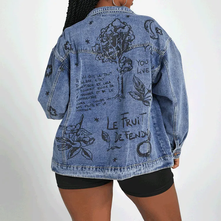 Women Denim Jacket XINGX Printed Denim Short Coat