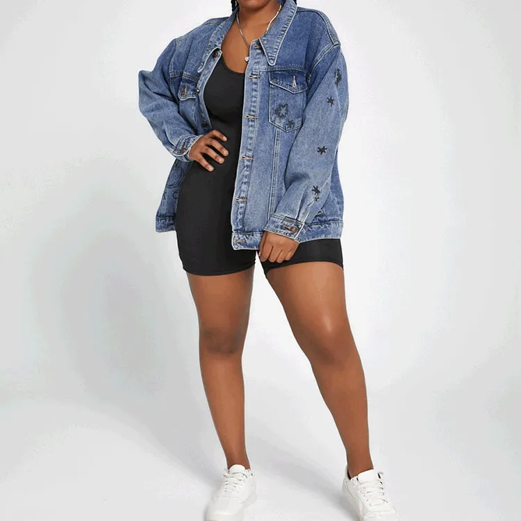 Women Denim Jacket XINGX Printed Denim Short Coat