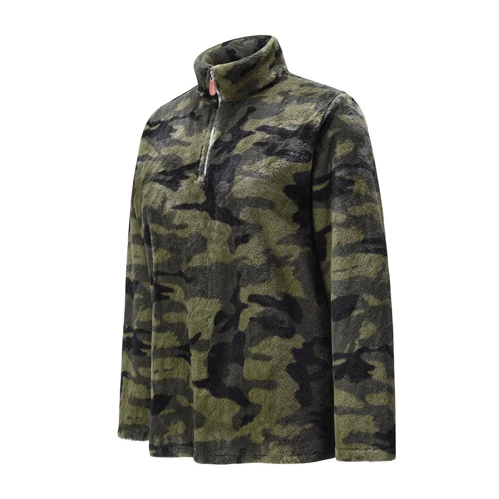 Women faux fur sweatshirt plaid camouflage quarter zip pullover