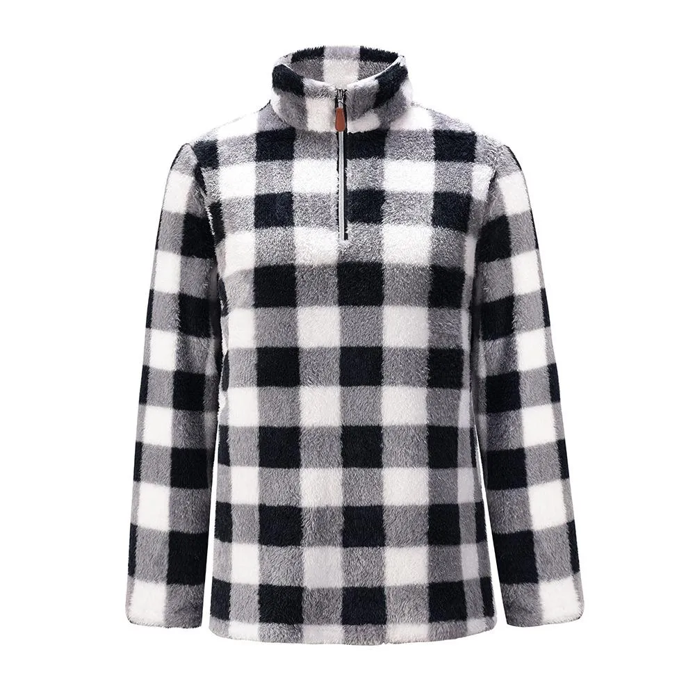 Women faux fur sweatshirt plaid camouflage quarter zip pullover
