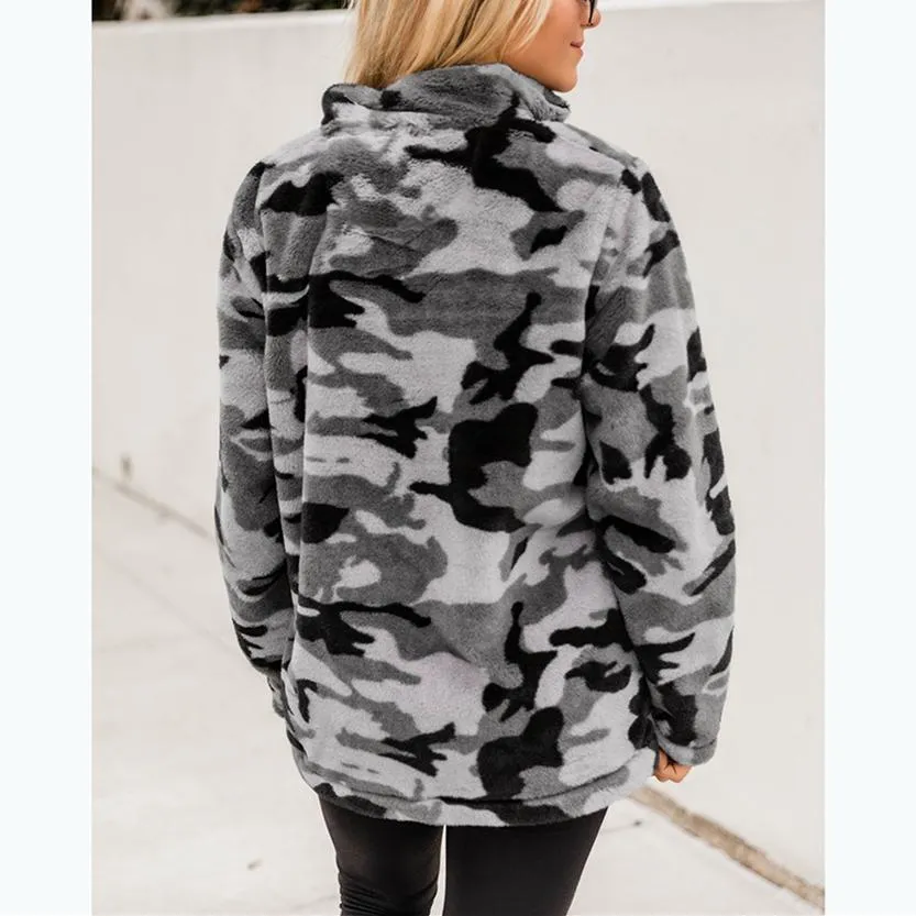 Women faux fur sweatshirt plaid camouflage quarter zip pullover