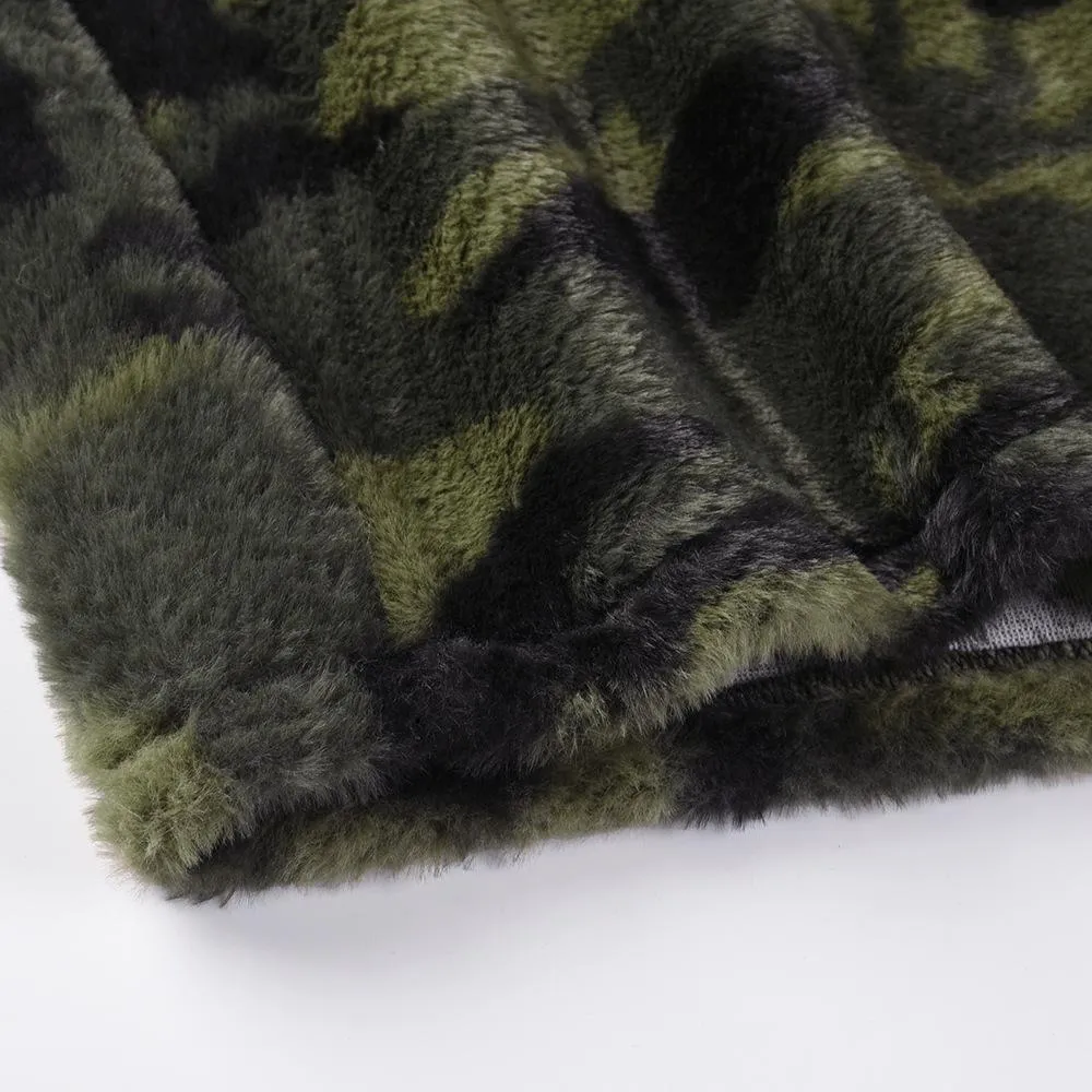 Women faux fur sweatshirt plaid camouflage quarter zip pullover