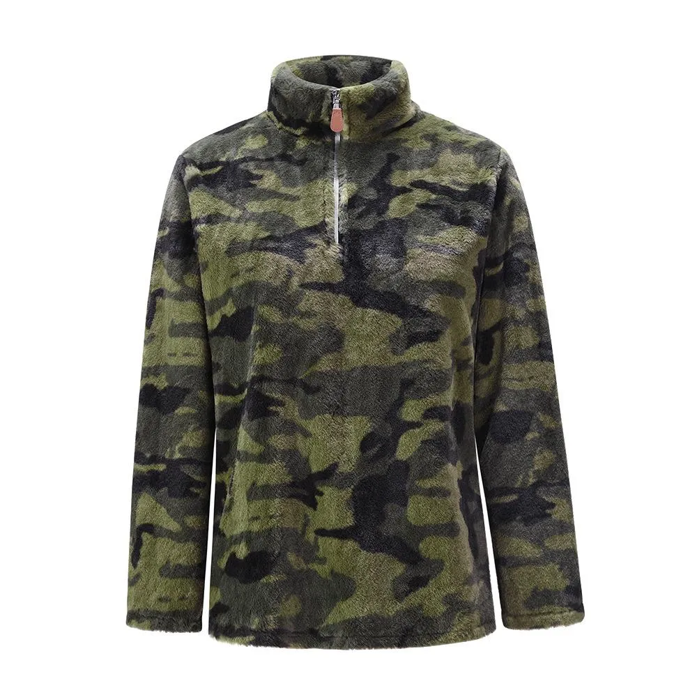 Women faux fur sweatshirt plaid camouflage quarter zip pullover