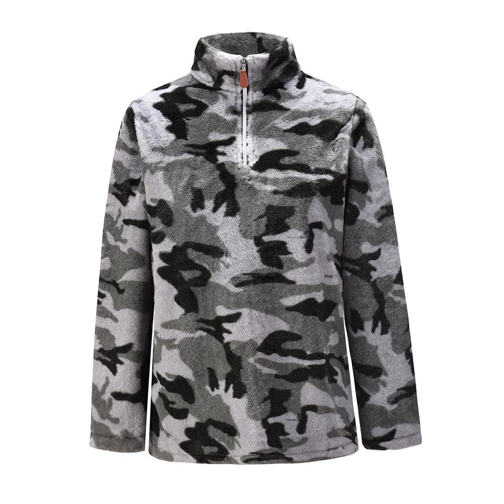 Women faux fur sweatshirt plaid camouflage quarter zip pullover