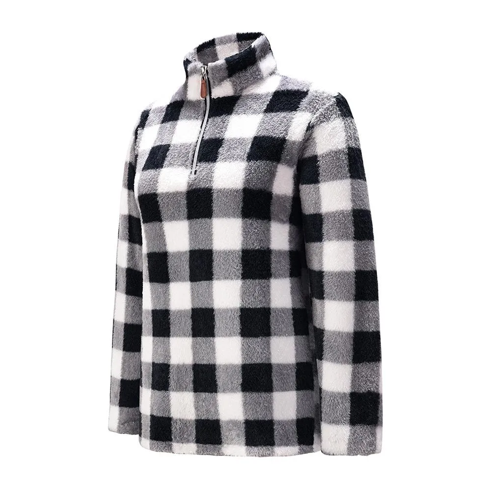 Women faux fur sweatshirt plaid camouflage quarter zip pullover