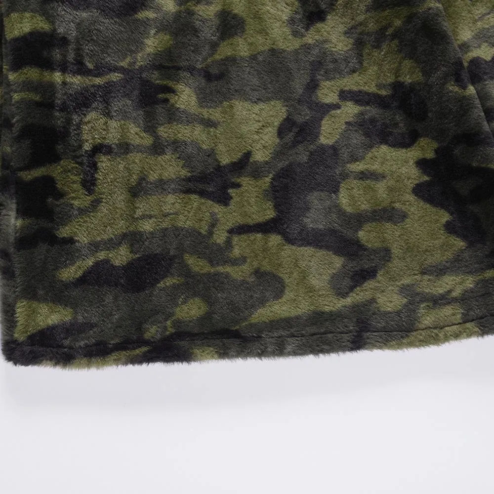 Women faux fur sweatshirt plaid camouflage quarter zip pullover