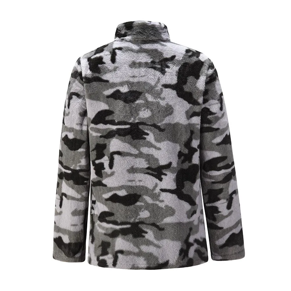 Women faux fur sweatshirt plaid camouflage quarter zip pullover