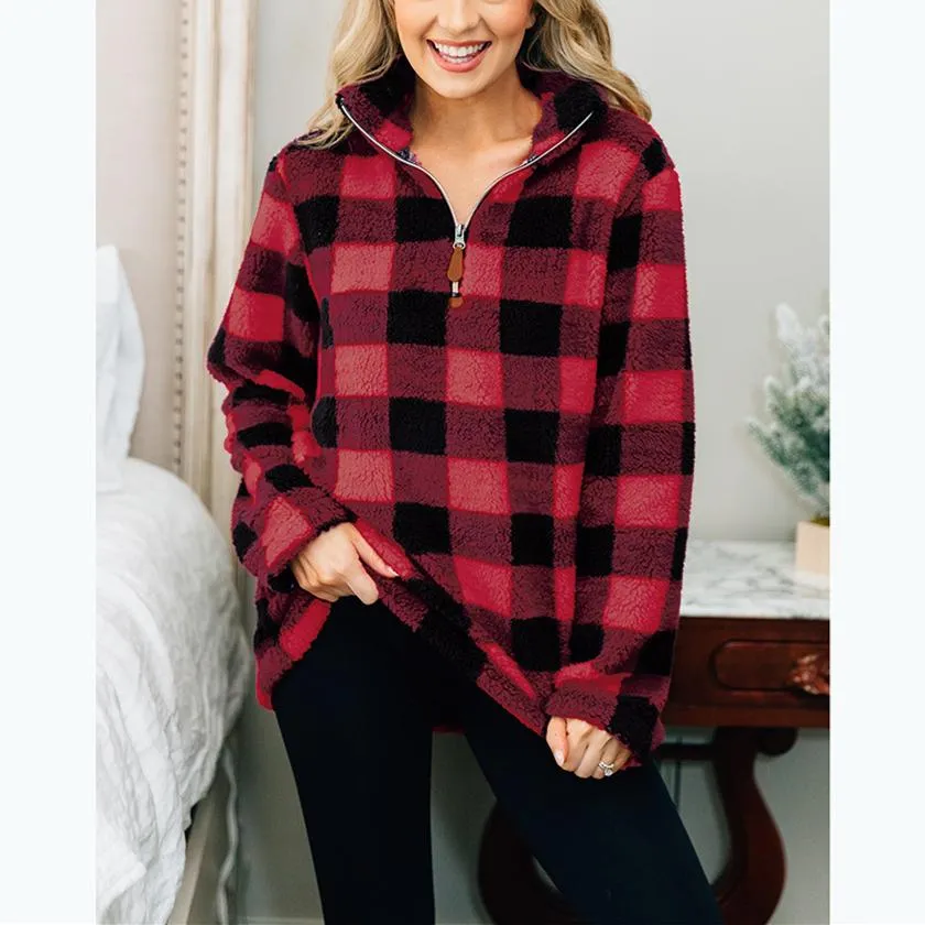 Women faux fur sweatshirt plaid camouflage quarter zip pullover
