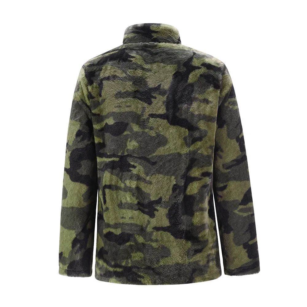 Women faux fur sweatshirt plaid camouflage quarter zip pullover