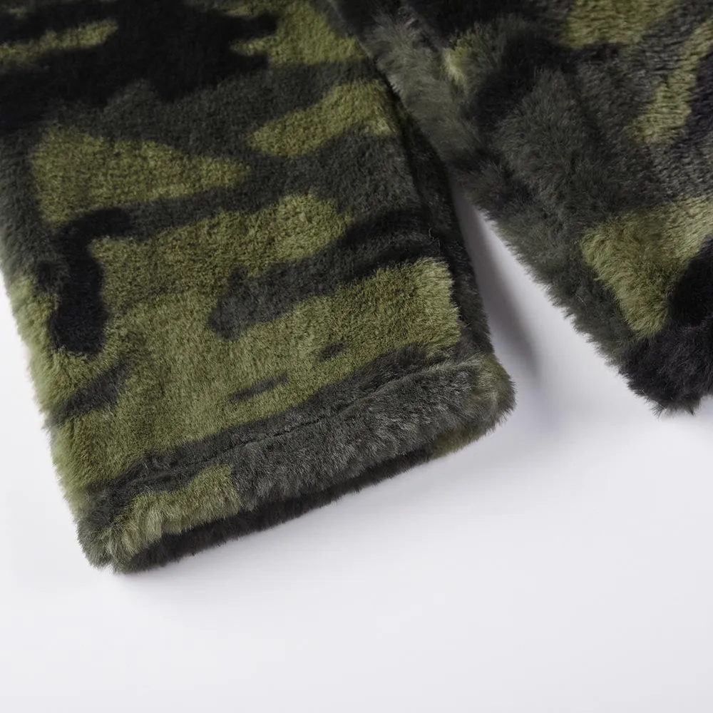 Women faux fur sweatshirt plaid camouflage quarter zip pullover