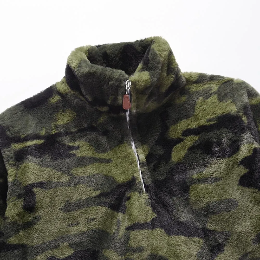 Women faux fur sweatshirt plaid camouflage quarter zip pullover