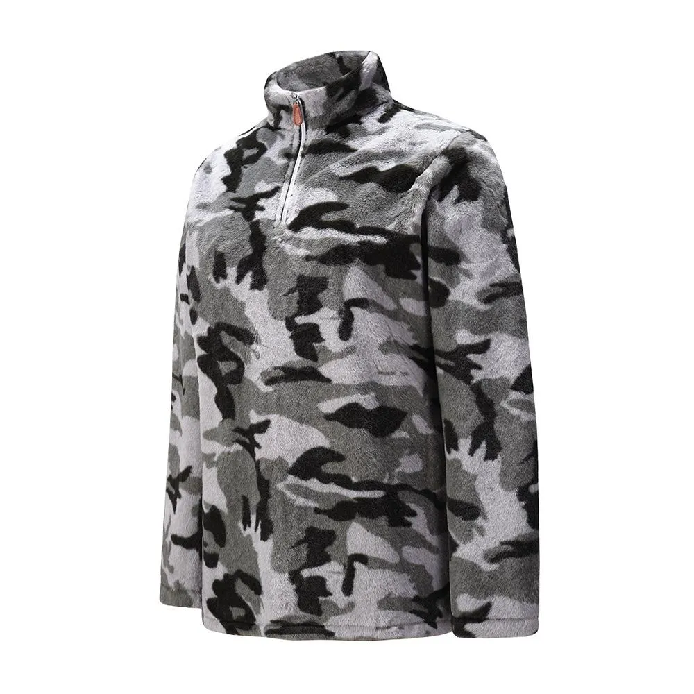 Women faux fur sweatshirt plaid camouflage quarter zip pullover