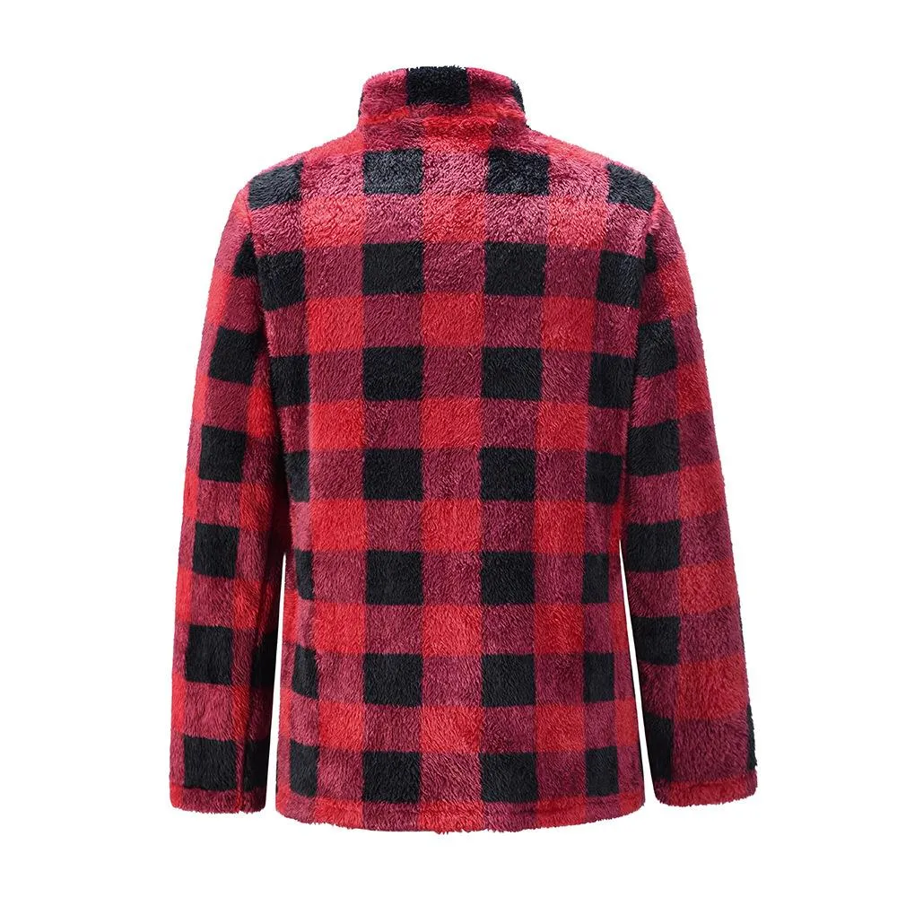 Women faux fur sweatshirt plaid camouflage quarter zip pullover