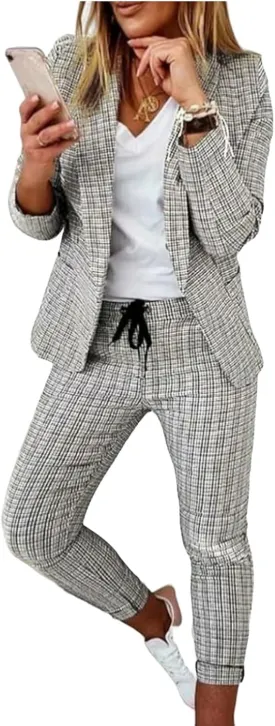 Women's 2 Piece Solid Ruched Sleeve Blazer and Pants Open Front Notch Lapel Check Print Business Formal Work Suit