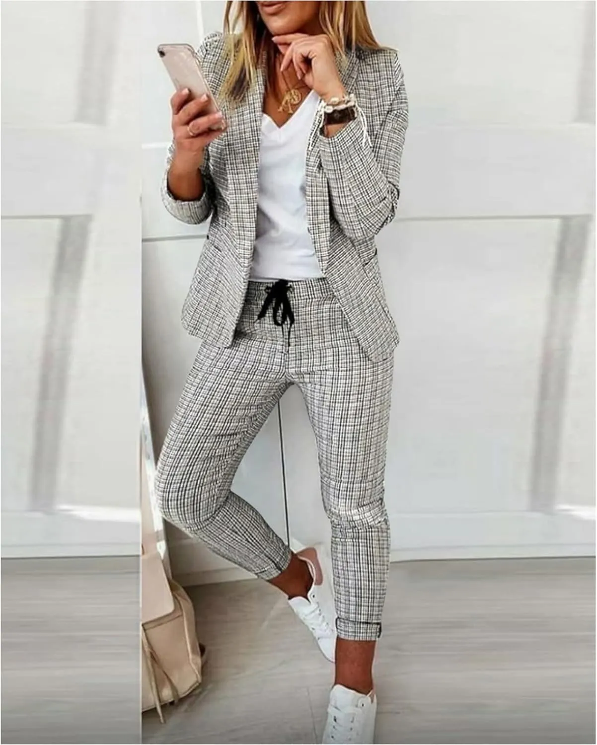 Women's 2 Piece Solid Ruched Sleeve Blazer and Pants Open Front Notch Lapel Check Print Business Formal Work Suit