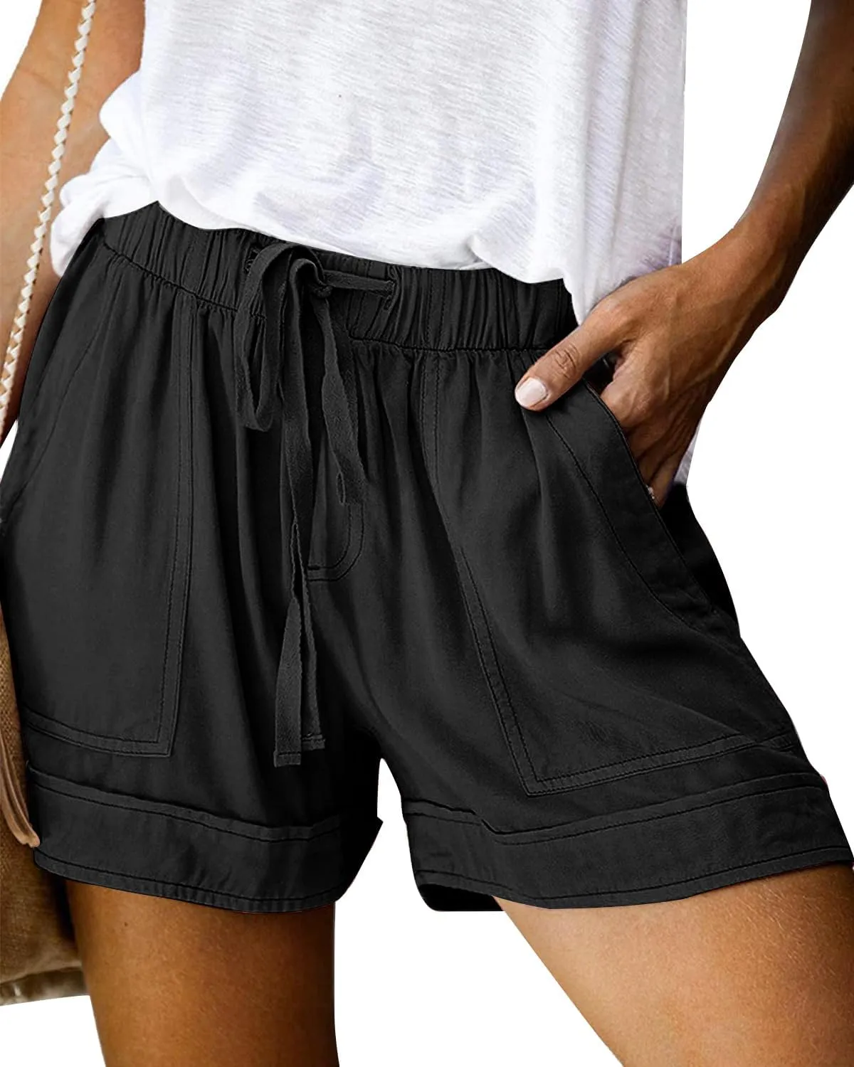 Womens Elastic Waist Drawstring Shorts Beach Shorts Lightweight Athletic Shorts Comfy Short Pants with Pockets