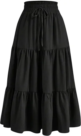 Womens High Elastic Waist Midi Skirt Summer Flowy Ruffle Pleated A line Skirts Lightweight Boho Tiered Skirt