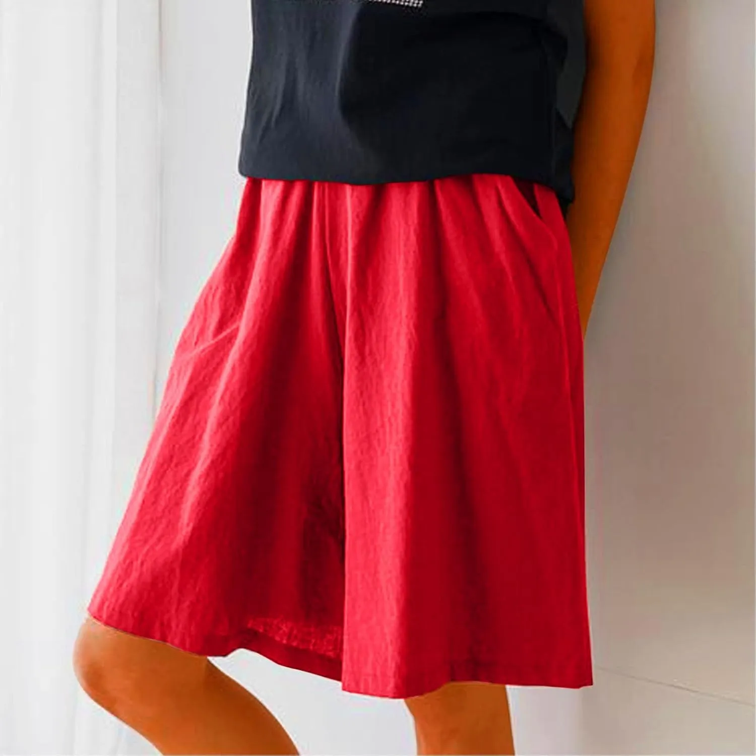 Womens Knee Length Bermuda Shorts Elastic Waist Wide Leg Casual 10" Long Shorts Loose Fit Summer Beach Shorts Pocket