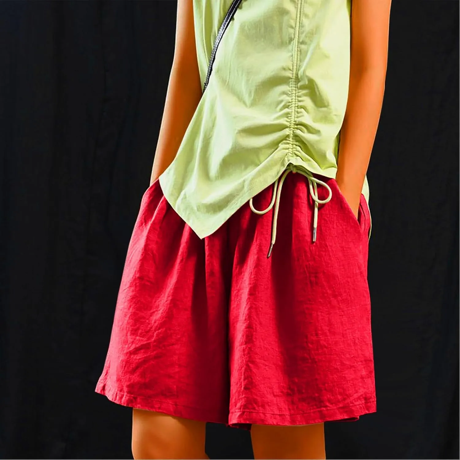 Womens Knee Length Bermuda Shorts Elastic Waist Wide Leg Casual 10" Long Shorts Loose Fit Summer Beach Shorts Pocket