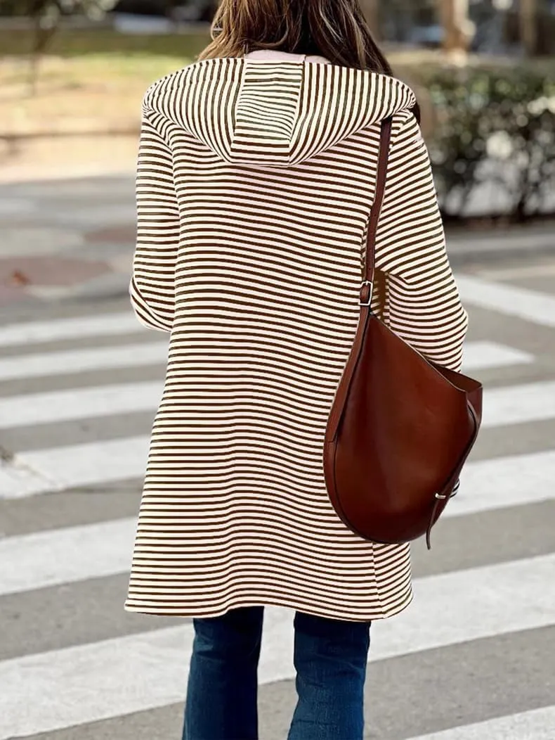 Womens Long Cardigan Color Block Striped Hooded Sweaters Jacket Button Down Long Coatigan Jackets Fall with Pockets