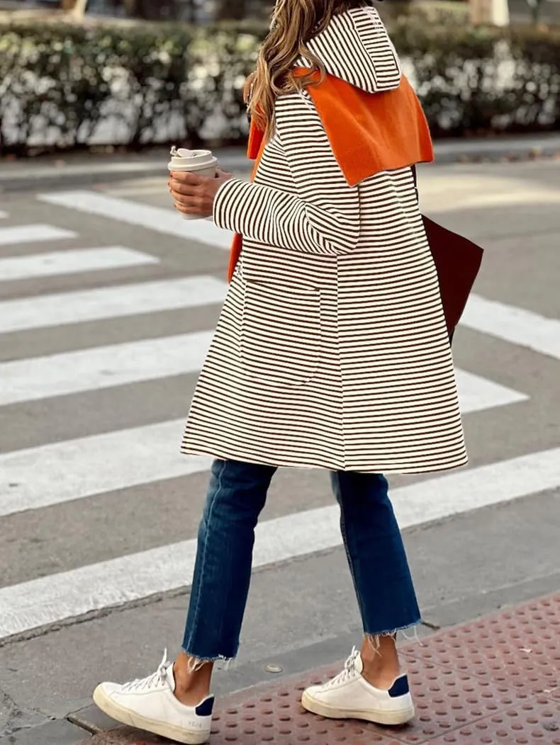 Womens Long Cardigan Color Block Striped Hooded Sweaters Jacket Button Down Long Coatigan Jackets Fall with Pockets