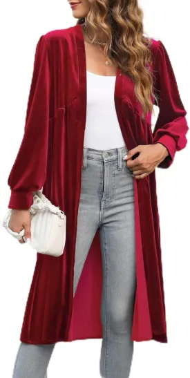 Women's Long Velvet Cardigan Jacket Oversized Casual Long Sleeve Open Front Maxi Duster