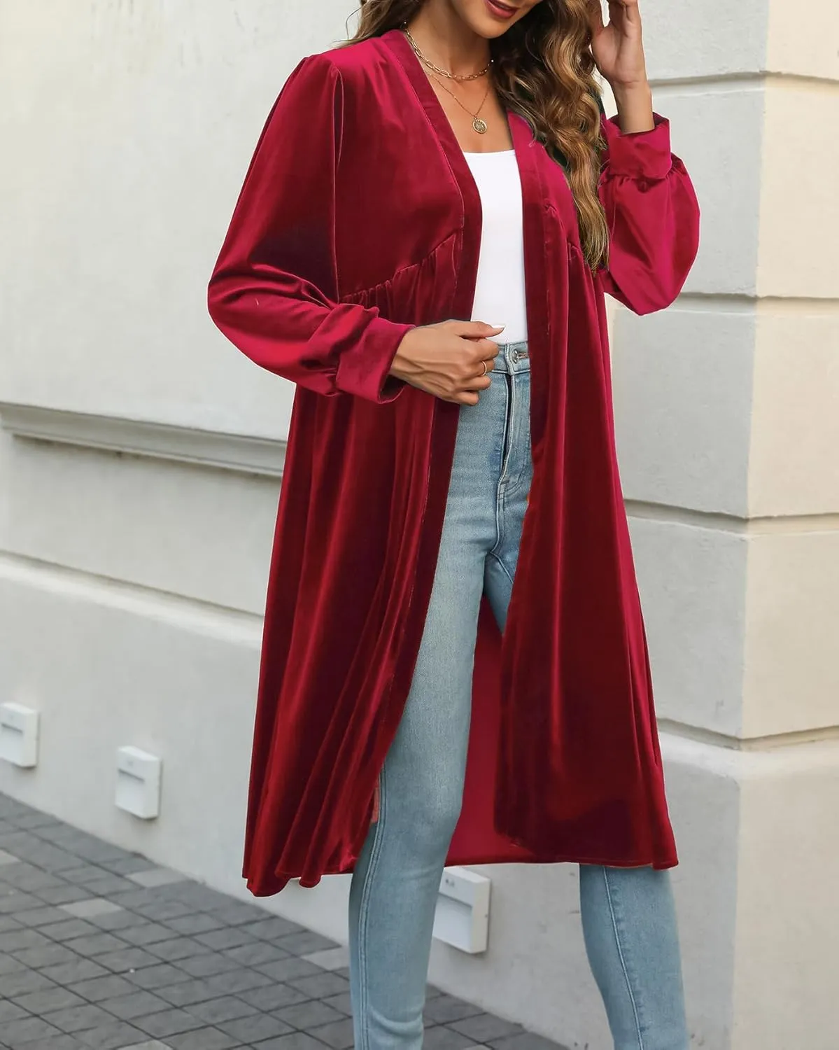 Women's Long Velvet Cardigan Jacket Oversized Casual Long Sleeve Open Front Maxi Duster
