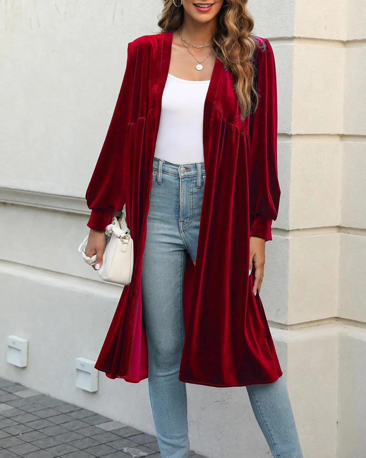 Women's Long Velvet Cardigan Jacket Oversized Casual Long Sleeve Open Front Maxi Duster