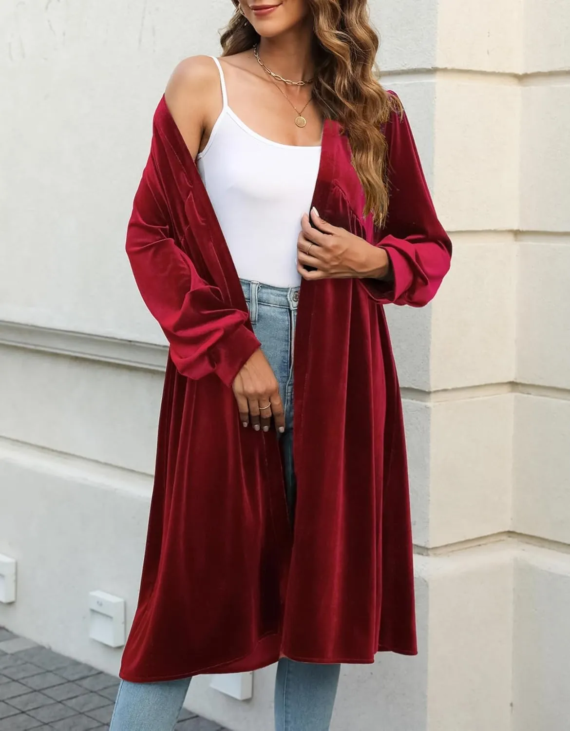 Women's Long Velvet Cardigan Jacket Oversized Casual Long Sleeve Open Front Maxi Duster