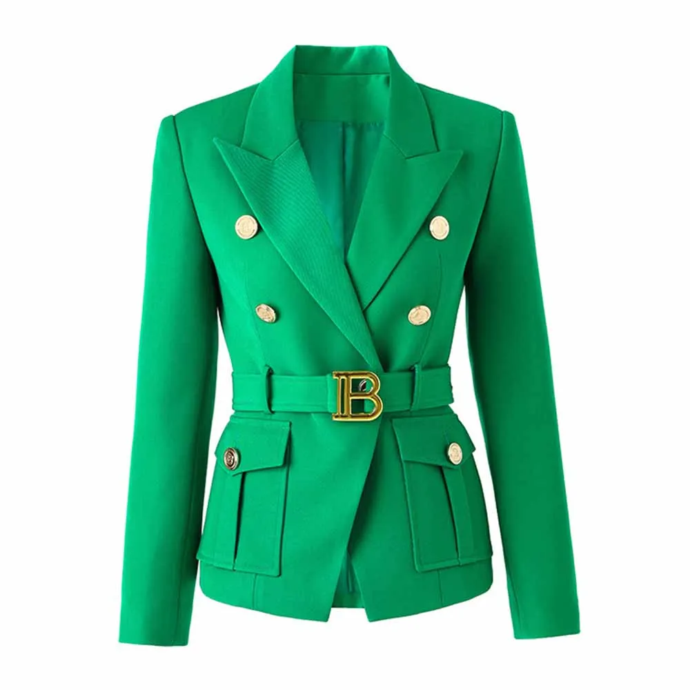 Women's Luxury Fitted Emerald Green Blazer Golden Lion Buttons Coat Belted Jacket