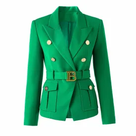 Women's Luxury Fitted Emerald Green Blazer Golden Lion Buttons Coat Belted Jacket